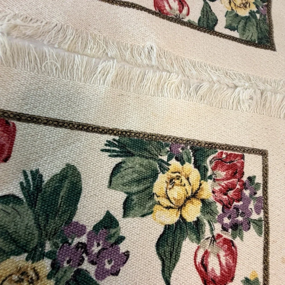 Vintage Stevens Linen Placemats Napkins Set 5, Floral Cottagecore Fringed USA